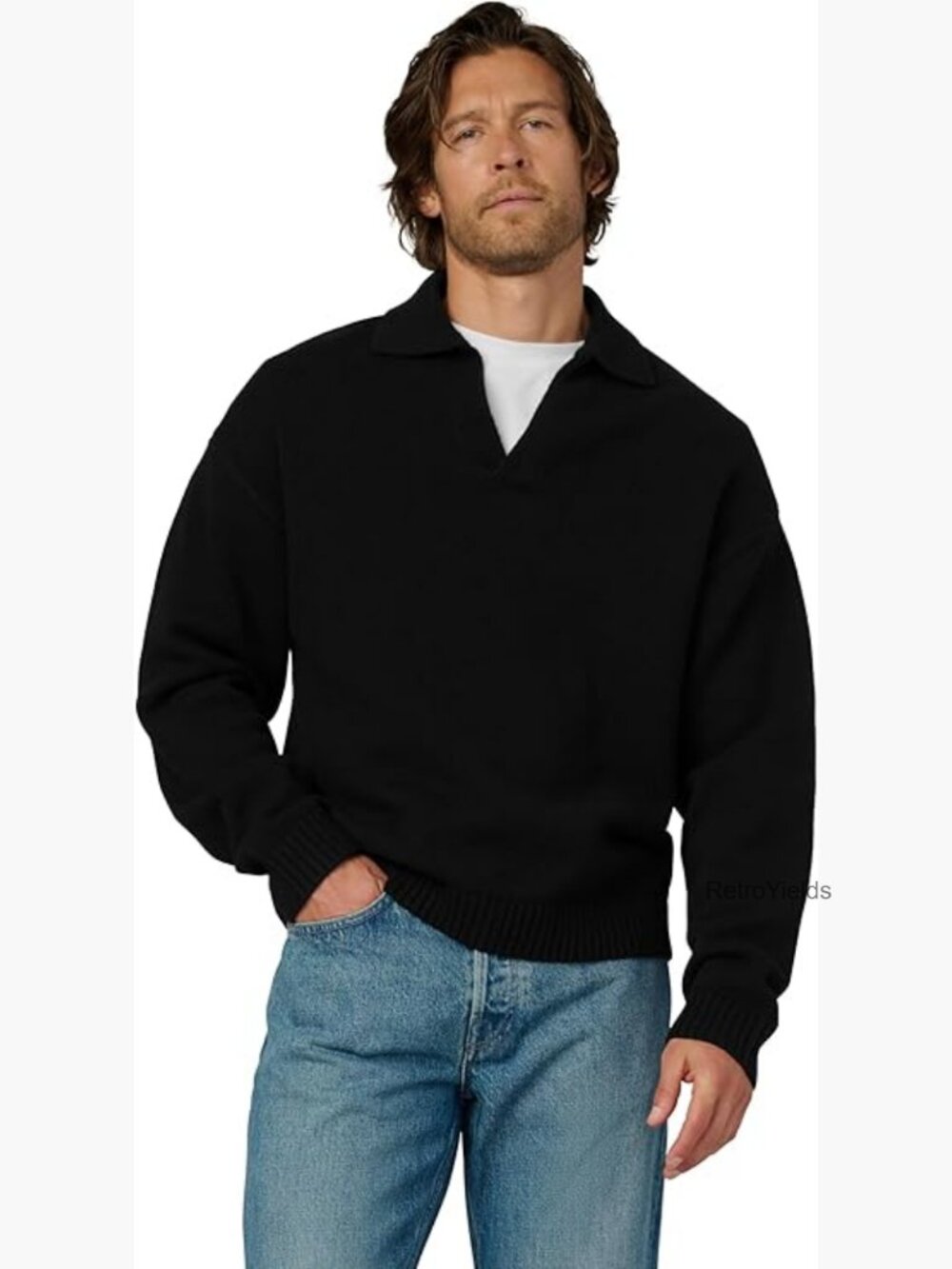 Men's Merino Wool Long Sleeve Polo Sweater - Relaxed Fit, Collared, Buttons